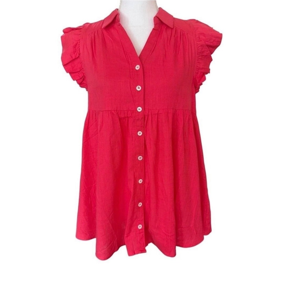 Umgee Babydoll High Low Top Pink Womens Small Linen Blend Ruffle Sleeve